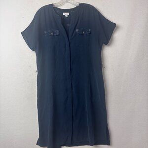 J Jill Shirt Dress sz Medium navy blue‎ white stitching hidden buttons midi